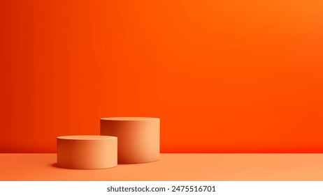 Modern 3D Orange Cylinders Podium on Floor with Orange Wall, Geometric Product Display Mockup, Showroom Showcase