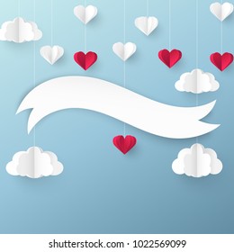 Modern 3d origami paper art background with red and white heart balloons and fluffy clouds. Valentine's day, wedding invitation, banner