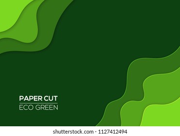Modern 3d paper cut art template with abstract curve shapes, green color. Eco design concept background for flyers, bunners, presentations and posters. Vector illustration