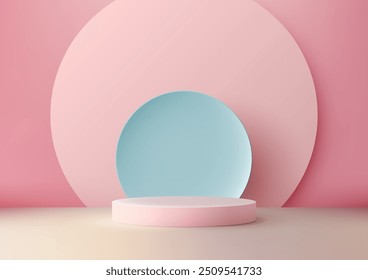 Moderno pódio rosa pastel 3D com pano de fundo círculo elegante em azul e rosa, ideal para exibição de produtos, maquete e mostra elegante