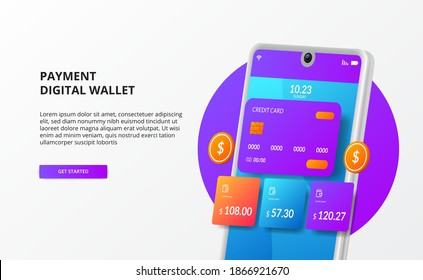modern 3d phone digital e commerce wallet transaction electronic illustration concept with credit card and golden coin