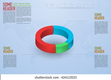 Modern 3D pie chart infographics on blue gradient background with dotted world map and outline icons. Business concept with rounded chart in modern design.