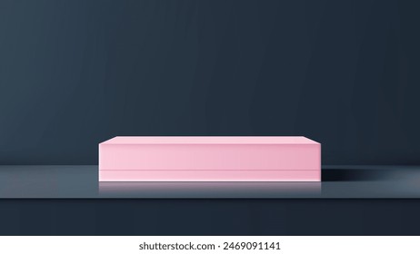 Caja rosa 3D moderna en el escenario con fondo azul para la exhibición del Producto y maqueta en el ajuste elegante de la sala de exposición