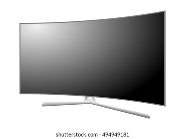 Modern 3D plasma TV with a curved screen. Off multimedia device with a stand with a black display with white reflection on white background. Widescreen TV with black frame. 4K television