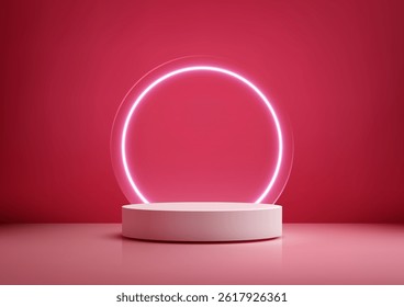 modern 3d podium with a bright pink neon circle against a solid red backdrop, perfect for product mockups, showroom displays, or futuristic presentations in a sleek minimalist style