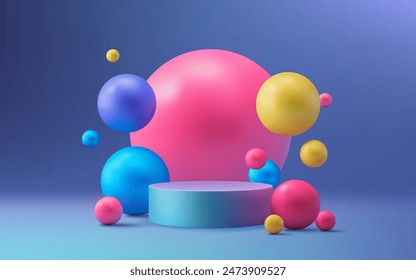 A modern 3D podium with colorful neon balls on a vibrant background. The abstract design showcases products in a realistic and eye catching manner. Perfect for presentations and promotions. Not AI.