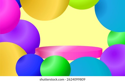 A modern 3D podium with colorful neon balls on a vibrant background. The abstract design showcases products in a realistic and eye catching manner. Perfect for presentations and promotions. Not AI.