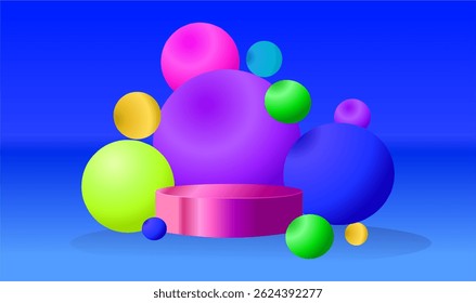 A modern 3D podium with colorful neon balls on a vibrant background. The abstract design showcases products in a realistic and eye catching manner. Perfect for presentations and promotions. Not AI.