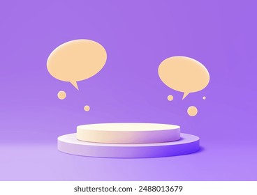 Modern 3D Podium with Floating Speech Bubbles, Communication Concept for Product Mockup Display, Purple and White Minimalist Design