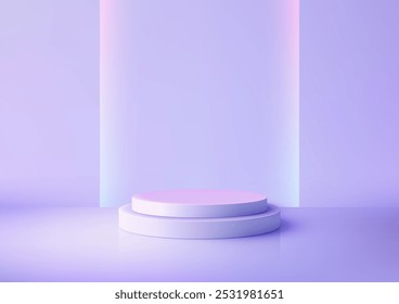 Un moderno podio en 3D con una estética minimalista, ambientado sobre un suave fondo púrpura e iluminado por rayos de luz pastel, pantalla de productos y maquetas