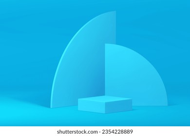 Modern 3d podium pedestal blue squared platform for product presentation realistic vector illustration. Rendering trendy showcase pastel stand with abstract geometric wall background for advertising