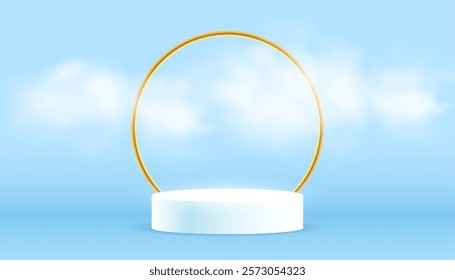 modern 3d podium platform background with golden frame and smoke effect vector