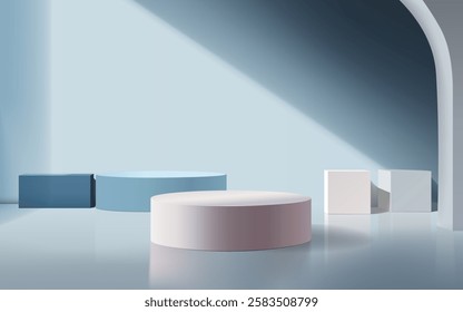 Modern 3D podium scene with geometric shapes, soft shadows, and elegant lighting in a minimalist interior