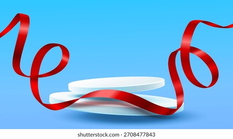 Moderno palco de pódio 3D com fita vermelha elegante em um fundo azul vibrante. Perfeito para exibição e promoção de produtos. Ilustração vetorial