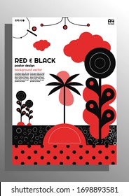 Modern 3d poster design with black and red colors, designed in A4 size in trendy style. Landscape tropics, palms and flowers, cover leaflet design with large number of details. Abstract design. EPS 10