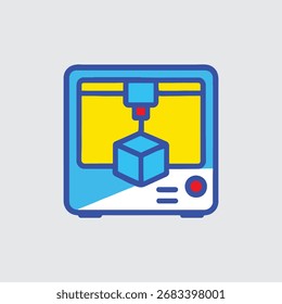 Impresora 3D moderna que crea un objeto de cubo azul