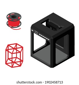 Modern 3D printer, printed figure and supplies isolated on white background. Isometric view.Vector