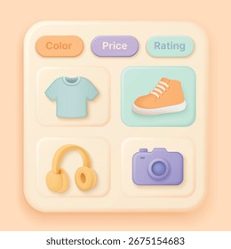 Interfaz moderna del catálogo de productos 3D con camisa, zapato, auriculares, íconos de cámara y color, Precio, Botones de Filtrar de calificación para la Ilustración vectorial de concepto de compras en línea