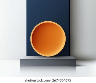 modern 3d product display featuring orange yellow metallic circle on a gray podium with blue vertical panel set against a neutral background designed for mockup showcase and presentation scenes
