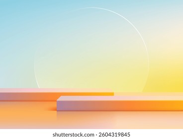 modern 3d product display mockup featuring two rectangular platforms against a warm gradient background, transparent circular backdrop, ideal for branding and advertising presentations