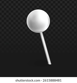 Modern 3D pushpin vector with smooth white spherical head and metallic pin on transparent checkered background. Perfect for digital maps, UI designs, and infographics. Clean minimalist office illustra