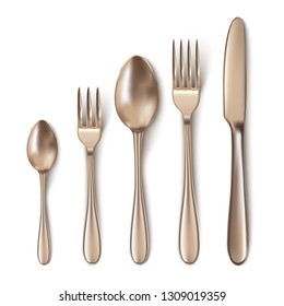 Modern 3d realistic bronze cutlery set with table knife, spoon, fork, tea spoon and fish spoon.