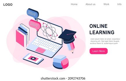 Modern 3d realistic isometric concept of Online Education for banner and website. Landing page template vector illustration of online learning, training course, university studies, e-learning research