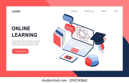 Modern 3d realistic isometric concept of Online Education for banner and website. Landing page template vector illustration of online learning, training course, university studies, e-learning research