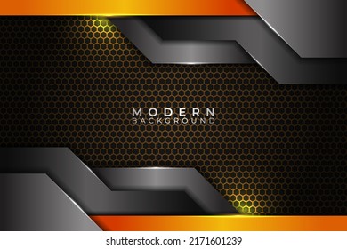 Modern 3D Realistic Technology Background Shiny Orange and Silver Metallic on Hexagon Texture