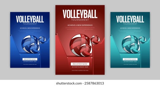 Modern 3D Realistic Volleyball Tournament Sports Flyer Template Creative Vector Illustration for Event Promotion Championship League Club Matches and Sports Marketing Advertisements editable eps file.