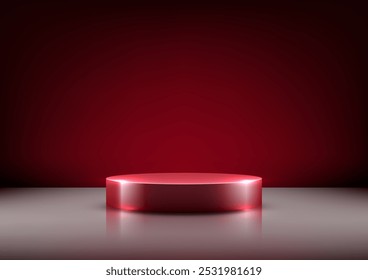 Um moderno pódio circular vermelho em 3D contra uma superfície reflexiva para exibições de produtos de luxo, maquetes e showrooms. Perfeito para exibir designs e layouts premium