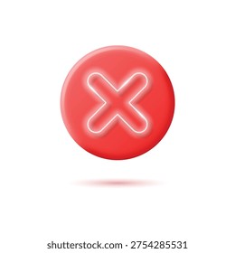 Modern 3D Red Close Button Icon with Neon Style for Web Interface and UI Design