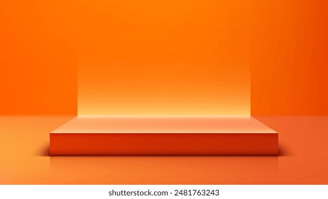 Modern 3D Red Podium on Bright Orange Background with Glowing Light, Minimalist Style Product Display and Mockup