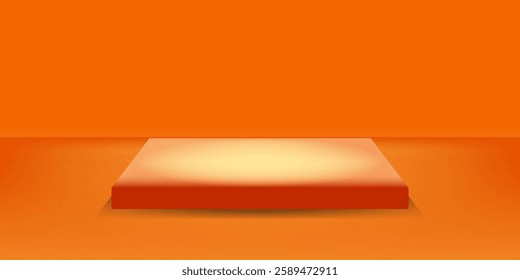 Modern 3D Red Podium on Bright Orange Background with Glowing Light, Minimalist Style Product Display and Mockup