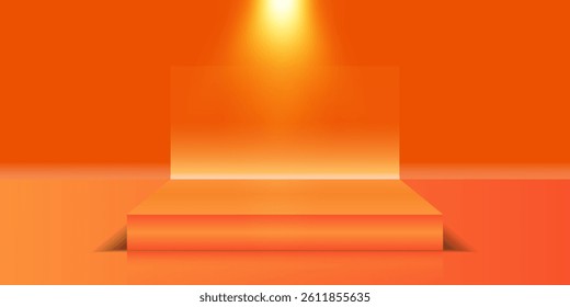 Modern 3D Red Podium on Bright Orange Background with Glowing Light, Minimalist Style Product Display and Mockup. abstract illustration eps 10 