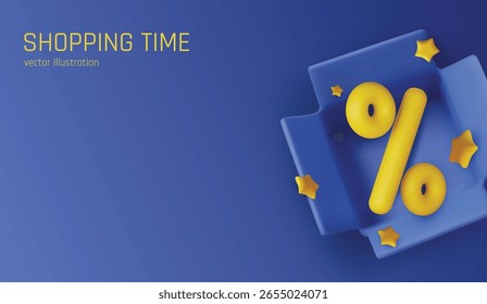 Renderizado 3D moderno del concepto de descuento con signo de porcentaje dentro de una caja abierta azul sobre un fondo degradado. Ideal para promociones de comercio electrónico y Plantillas de diseño de ventas.