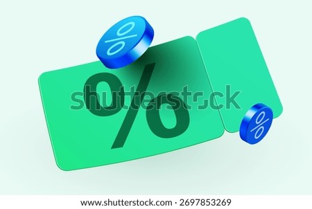 Modern 3D render of discount coupons or vouchers with percentage symbols. Ideal for promotions and online sales. Vector illustration
