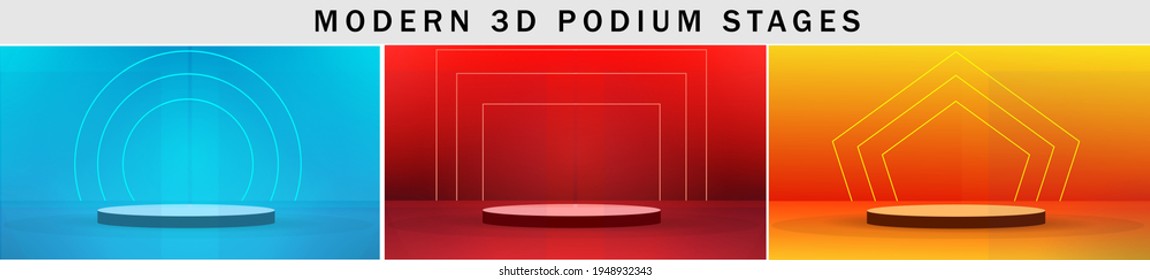 Modern 3D Rendered Podium stages in different colors and backdrop. Abstract 3d stages with free copy space vector eps 10