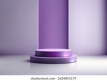 modern 3d round two tiered purple podium stand for luxury product displays, mockups, or showroom showcases. Elegant geometric design with soft lighting, presentations, exhibitions