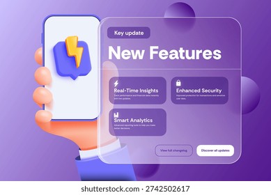 Modern 3D SaaS update banner showcasing new features announcement and software improvements. Ideal for fintech platforms, startup dashboards, product releases, UI notifications, and technology update presentations. Vector
