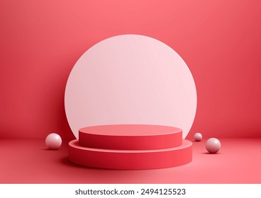 Modern 3D Scene with Red Circular Podium and Backdrop for Showroom, Mockup and Showcase