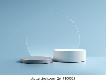 cena 3D moderna mostra pódio cilíndrico branco e base cinza em uma superfície azul, perfeito para mostrar produtos em maquetes minimalistas, visuais de marca ou apresentações de showroom