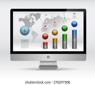 Modern 3D Screen Monitor and business Infographics elements, Map of the earth, Business time, Step up number options, Vector illustration Eps 10