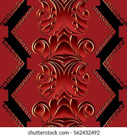 Modern 3d seamless border pattern. Luxury bright red background wallpaper illustration with vintage decorative black red  gold surface floral geometric  ornaments.Abstract endless fabric texture.