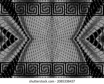 Modern 3d seamless pattern with greek borders. Halftone circles. Textured background with drapery effect . Vector repeat backdrop. Luxury 3d ornament. Greek key, meander, borders, circles, shadows.