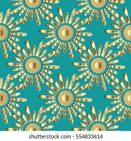 Modern 3d seamless pattern. Light blue  abstract 3d tribal  background with decorative gold 3d geometric ornaments and shiny sun. Sunny luxury  surface 3d wallpaper. Vector modern ornate aztec texture