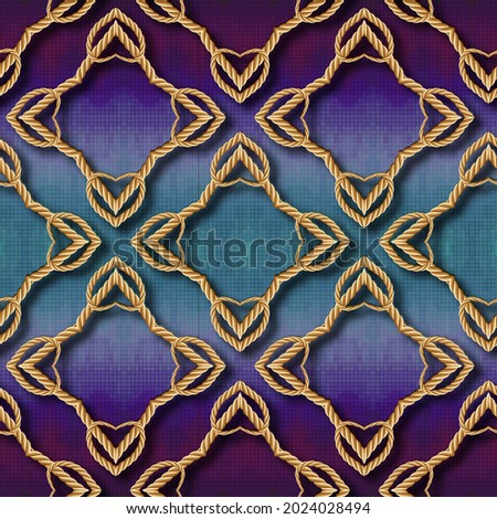 Modern 3d seamless pattern. Textured digital mosaic background. Colorful repeat halftone backdrop. Ropes ornament. Love hearts. Abstract decorative ornate design. Endless texture. Vector illustration.