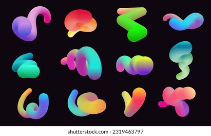 Modern 3d shapes collection isolated on black background. Fluid gradient blend vector art. Liquid color