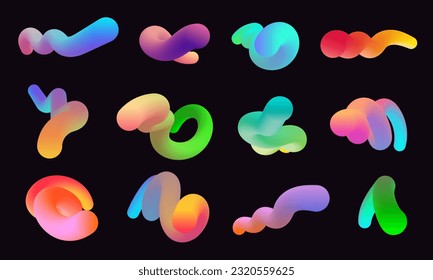 Modern 3d shapes collection isolated on black background. Fluid gradient blend vector art. Liquid color