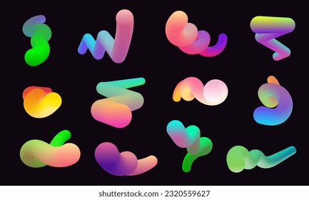 Modern 3d shapes collection isolated on black background. Fluid gradient blend vector art. Liquid color